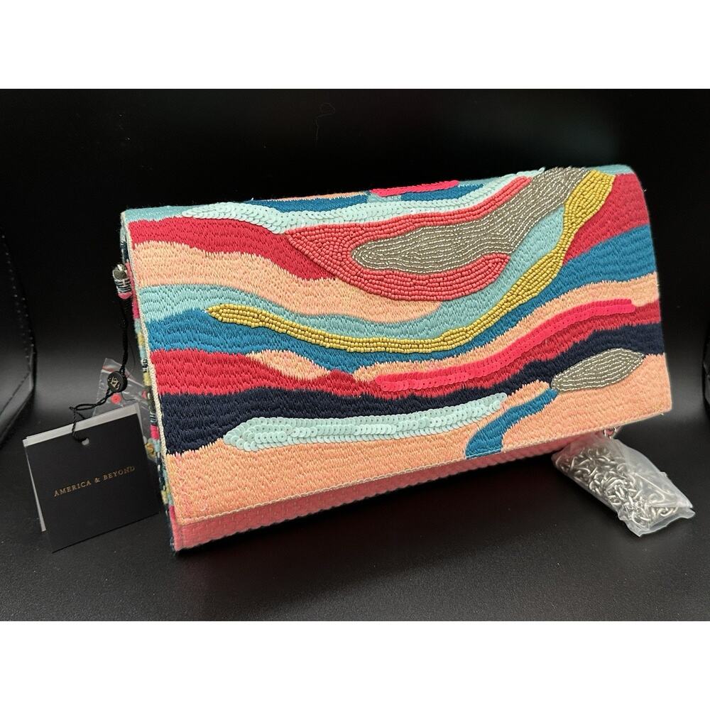 America & Beyond Multicolor Beaded Sequined Shoulder Bag Chain Strap Purse